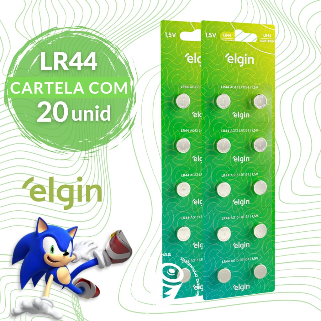 20 Baterias Alcalinas LR44 AG13 L1154 Elgin Moeda Botão Relógio - 02 Cartelas com 10 Unidades