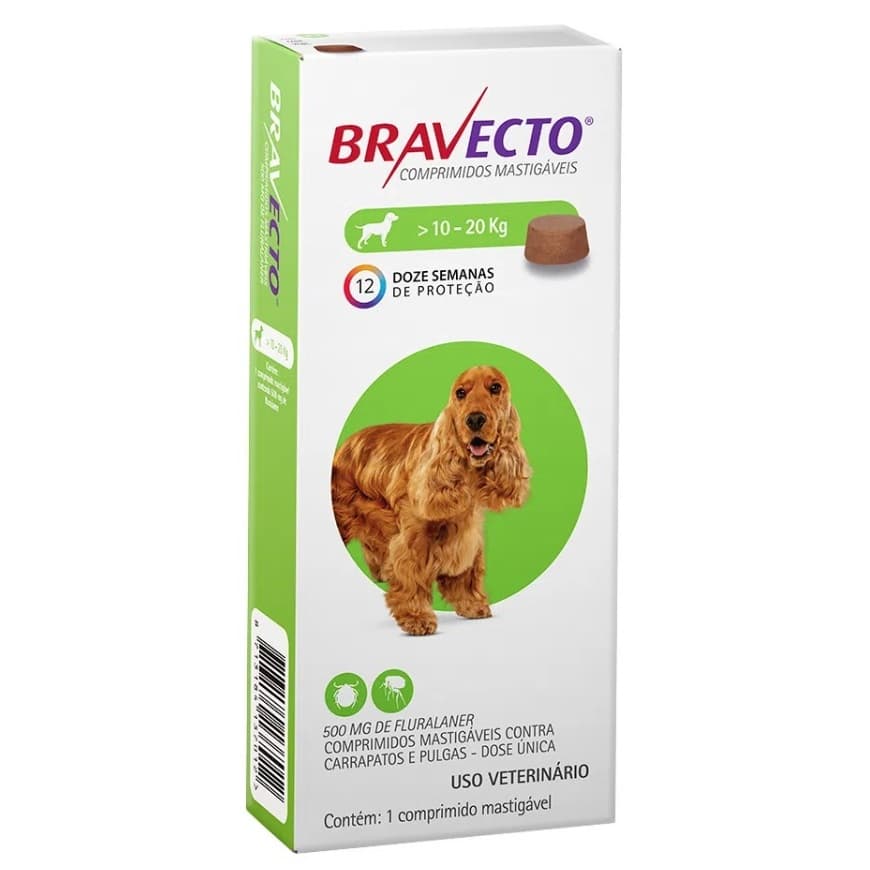 Bravecto Comprimidos Antipulgas e Carrapatos MSD para Cães de 10 a 20 kg