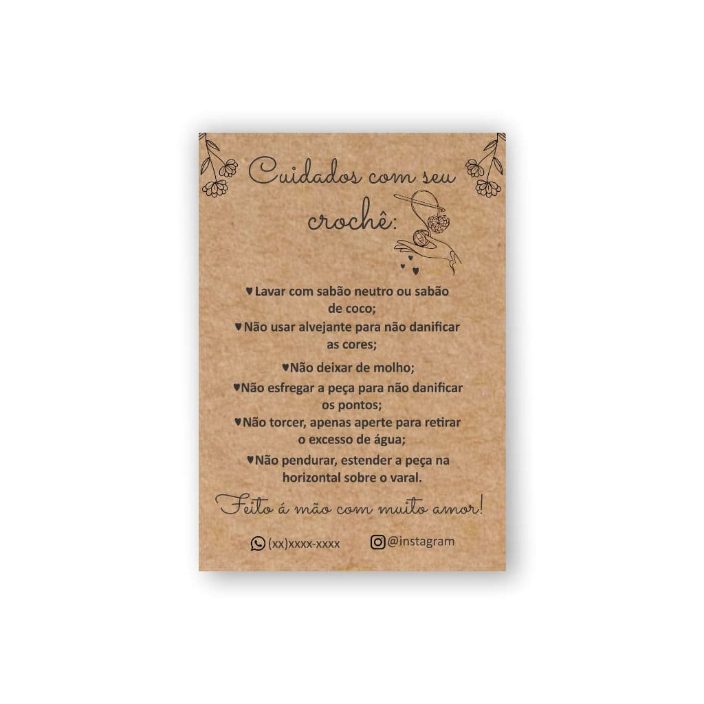 Cartão em Kraft personalizado | Cuidados com seu crochê | Modo de lavagem