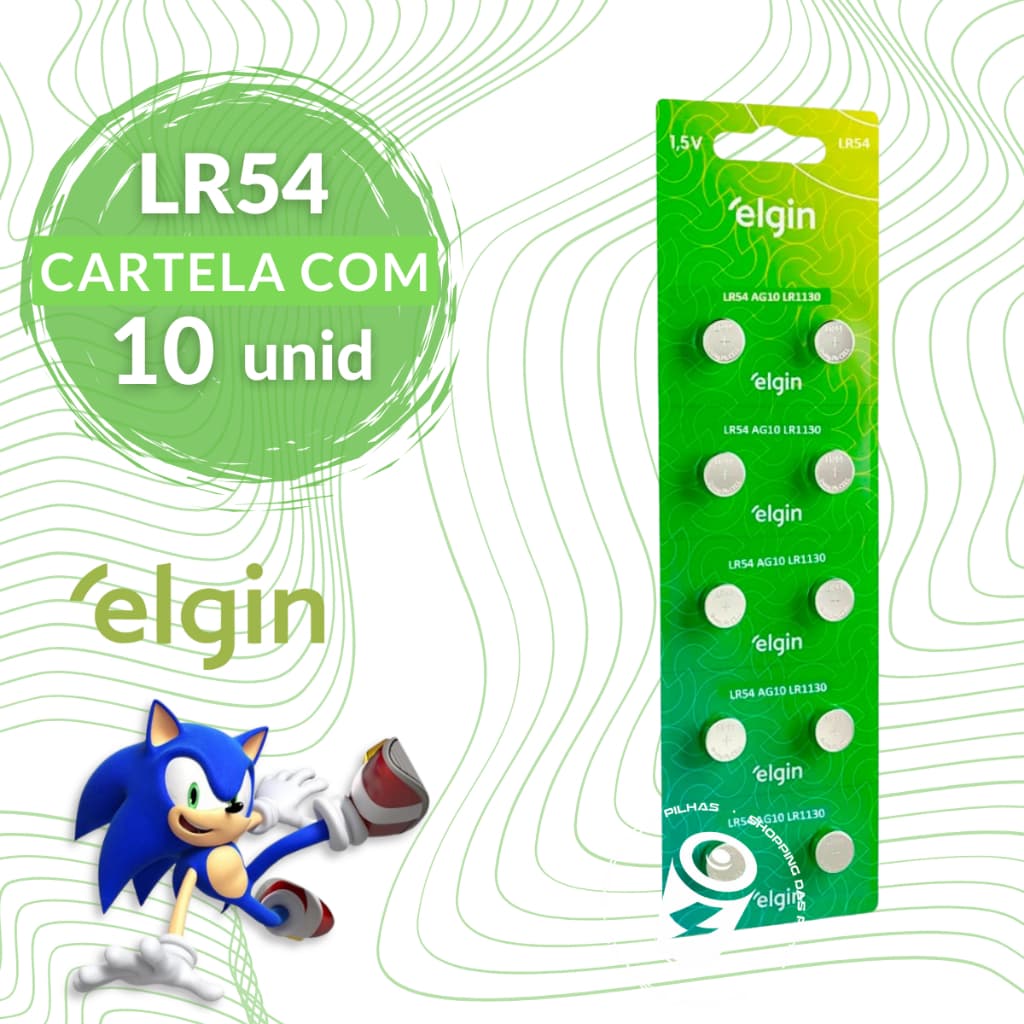 Bateria Alcalina LR54 AG10 LR1130 Elgin Botão Moeda Relógio - Cartela C/ 10 Unidades