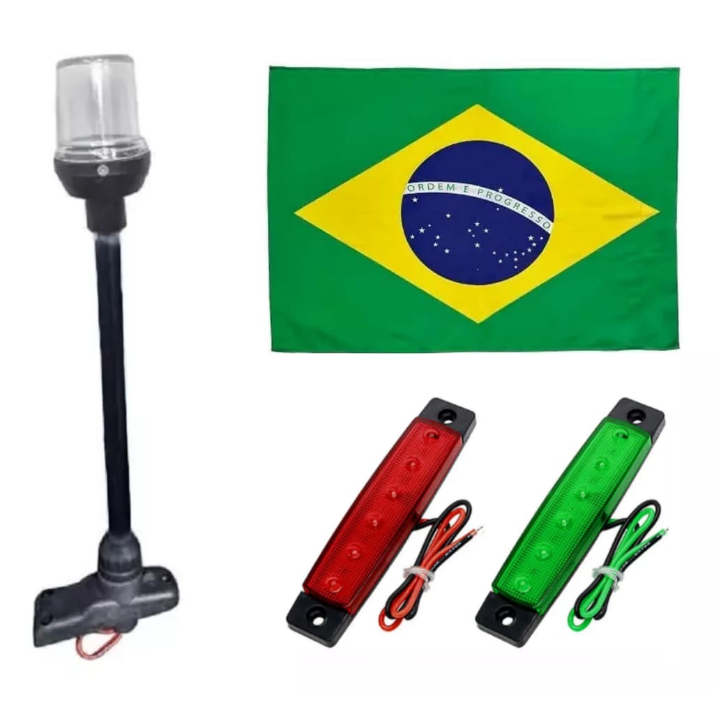 Kit Luzes de Navegação Bombordo e Boreste Slim 6 Leds + Mastro Retrátil Preto com Luz de Fundeio Alcançado em Led + Bandeira do Brasil - Barcos Lanchas