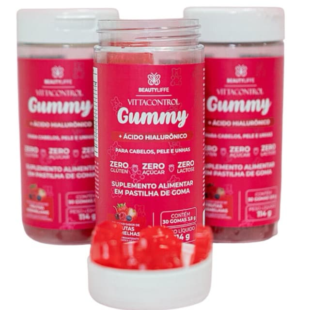 Kit 90 dias VittaControl Gummy ZERO AÇUCAR - Gomas de Vitaminas para Cabelos, Unhas e Pele - 3 unid.