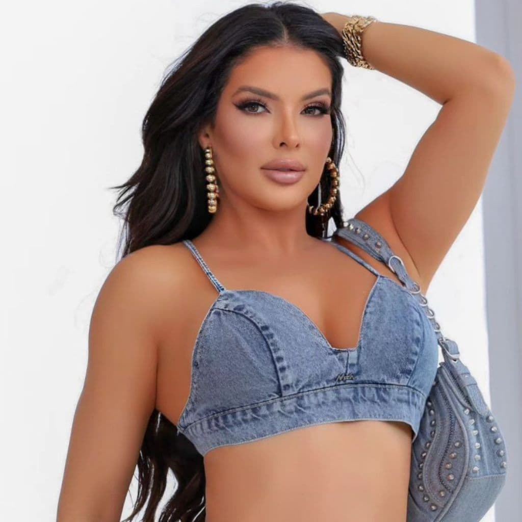 Cropped Top Jeans Marmorizado  Ajustável Viés Alcinha Veste Bem Blogueira