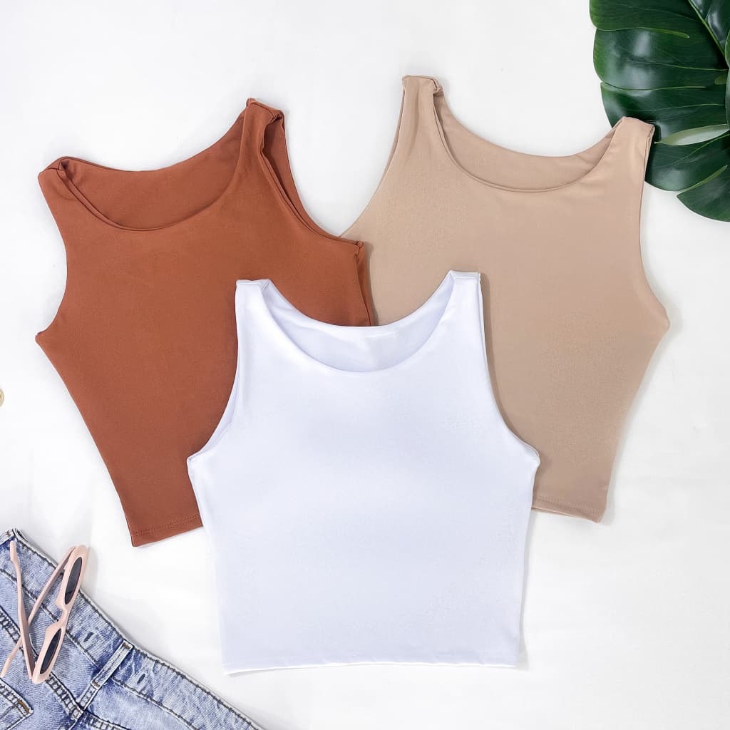 Kit 3 Cropped Feminino Top Regata Liso Básico Suplex Forro Duplo