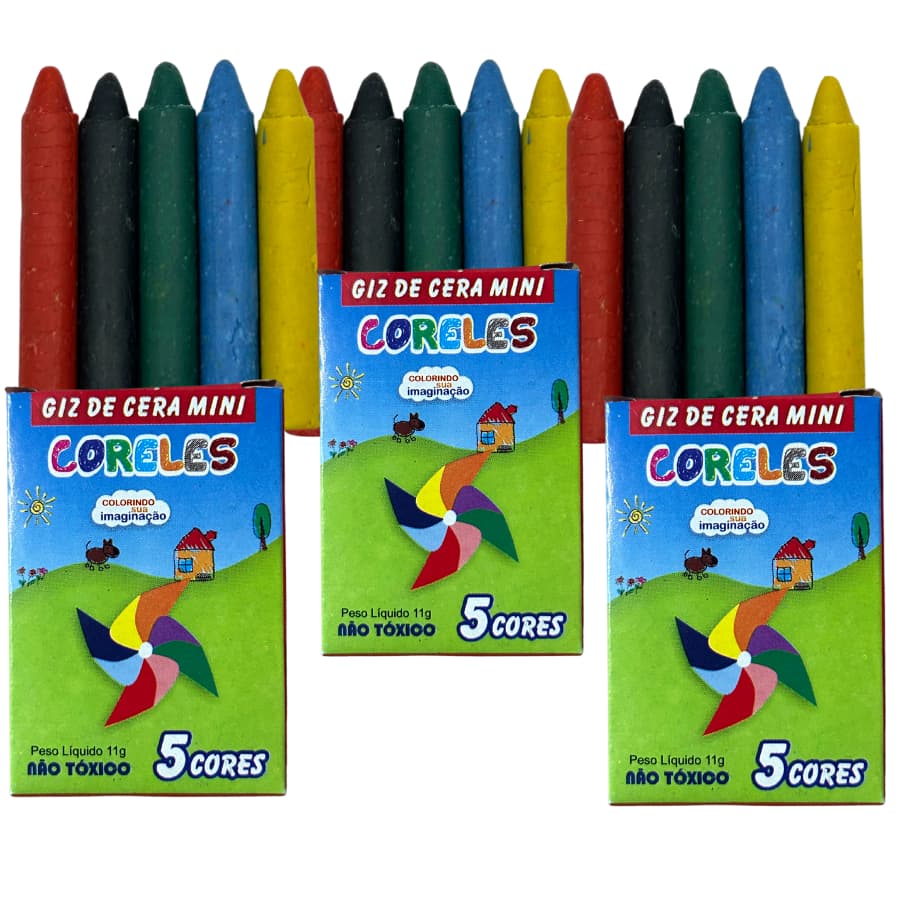 Kit 30 Caixas De Giz De Cera - Pequeno - 05 Cores Escola Criança Menino Menina Festa