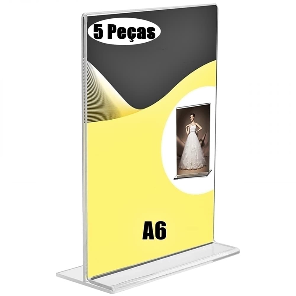 Kit com 5 Display Expositor Acrilico PS Cristal T Tamanho A6 10x15cm Vertical