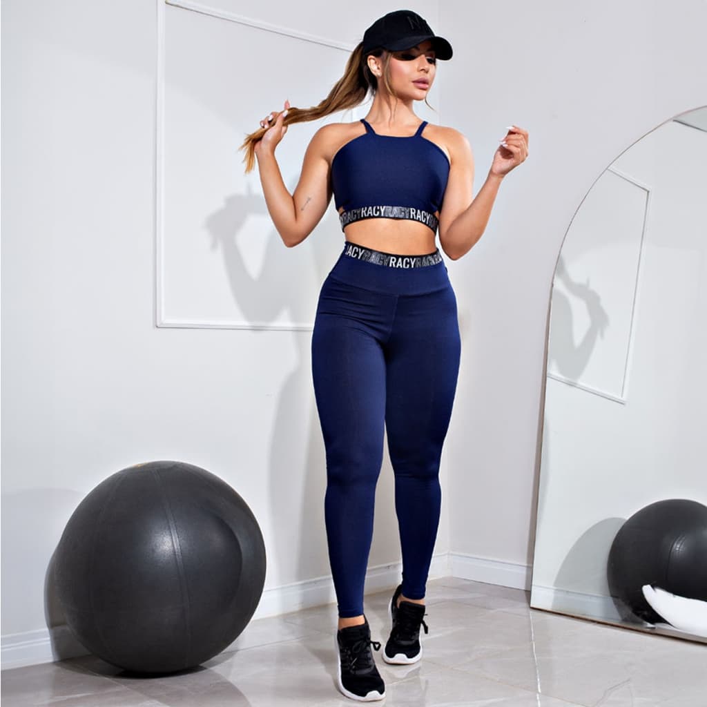 Conjunto Fitness Calça Legging Cintura Alta e Cropped Alcinha com Elásticos Racy para Treinar
