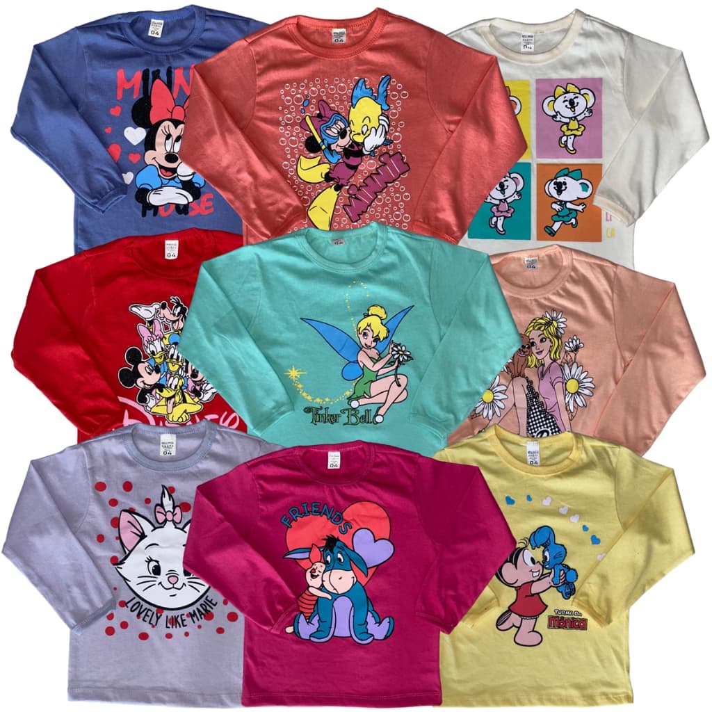 Kit 3 Camisetas Manga Longa Menina Infantil Personagens 2 à 8 Anos