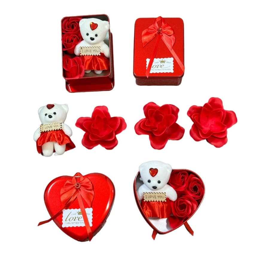 Caixa De Presente De Metal Com Ursinho E Rosas