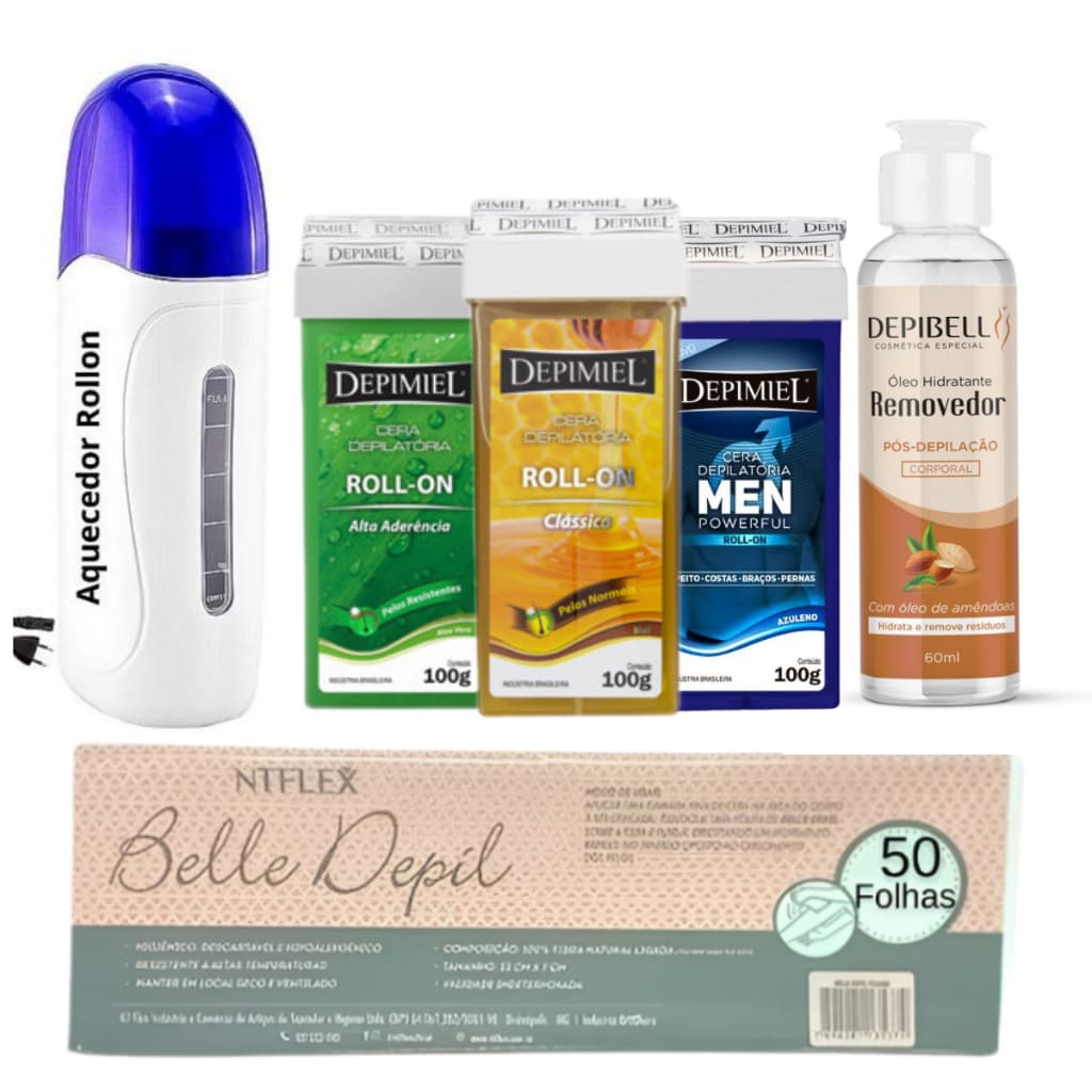 Kit 3 Cera Quente Depimiel 100g + Aquecedor Roll On + Óleo Removedor 50 Folhas Tnt Depilaçao