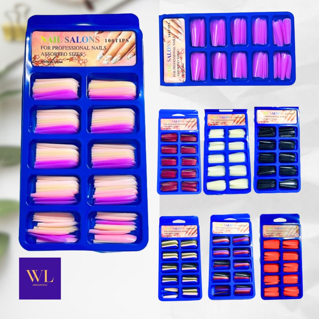 100 Tips Peças Unhas Postiças Decoradas Realista Quadrada Decorada Natural/Várias Cores