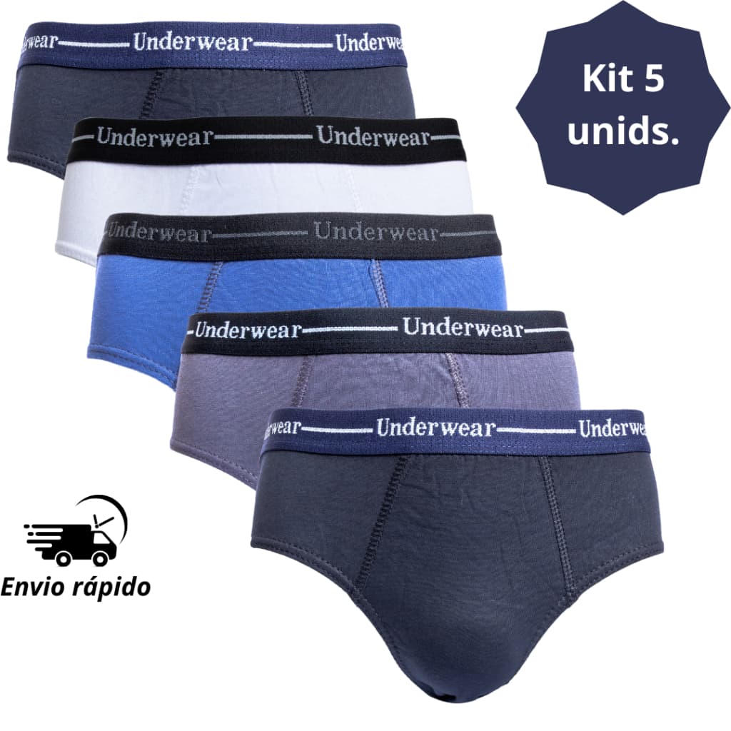 Kit 5 Cueca Adulto 100% algodão tradicional/normal/slip/com elástico aparente