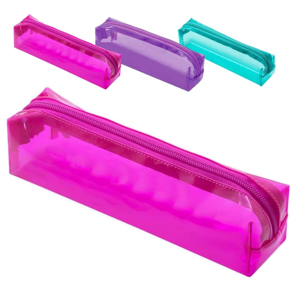 Estojo Escolar Transparente Cristal PVC Colorido Papelaria