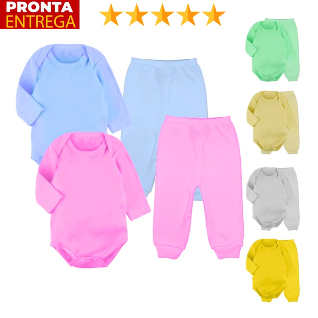 Kit 4 Peças Mijão E Body Manga Longa Liso Infantil Para Bebês