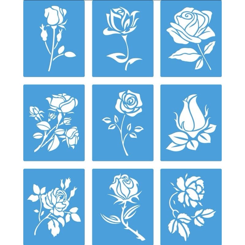 Kit Stencil Flores Rosas Molde Pintura 9 Pcs 13x10cm