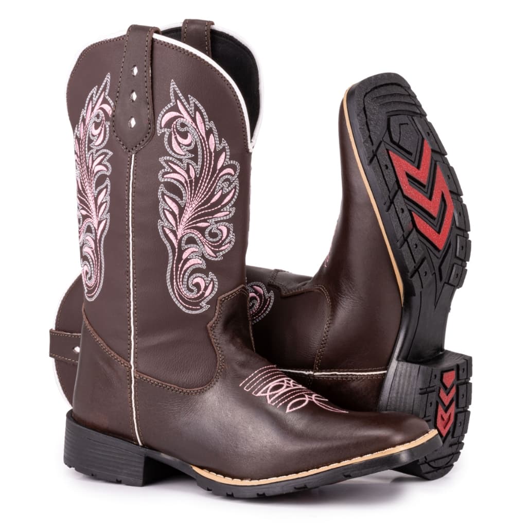 Bota Texana Feminina Country Bico Quadrado Sola De Borracha Bordado Flor