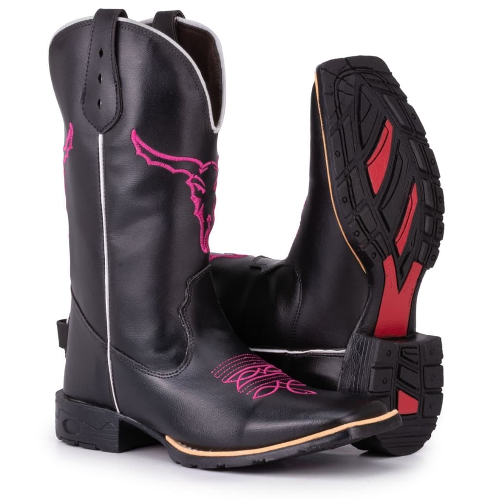 Bota Texana Feminina Country Bico Quadrado Boi Black Pink