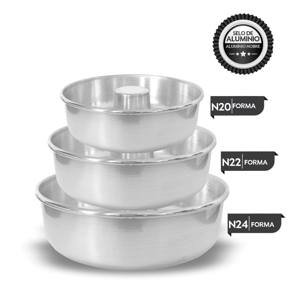 Kit 3 Formas de Alumínio Polido Pudim Nº 20, Nº22 e Nº24
