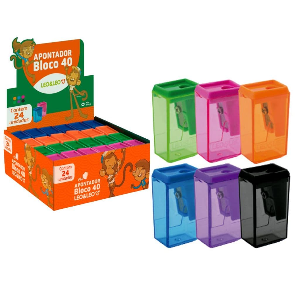 Apontador Escolar com Depósito Bloco Retangular (1 Unidade) 6cm - Leo&Leo