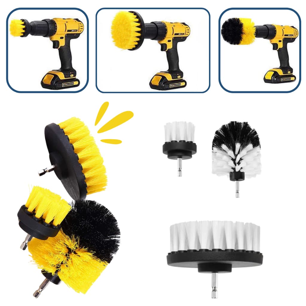 Kit 3pcs Escova Rotativa Encaixe Parafusadeira Furadeira Limpeza Automotiva Pesada Lavar Box Sofás Tecidos Couros Estofados Tapetes Chão Banheiro Multiuso Cerdas Média e Soft (Macia)