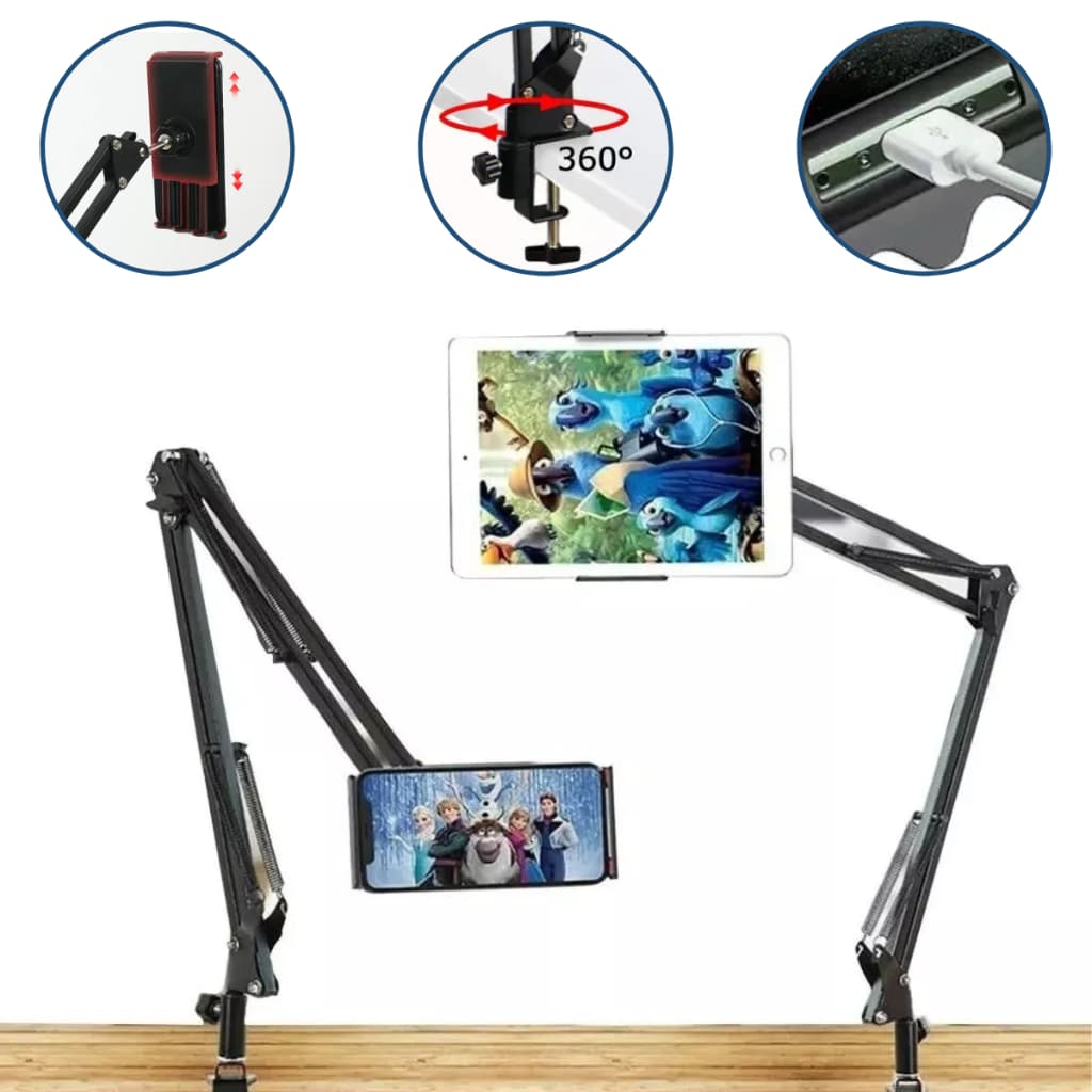 Suporte Celular Tablet Com Braço Articulado Universal Ajustável e Reforçado Para Mesa e Cama Apoio Leitura Compativel com iPhone Ipad Samsung Kindle e Outros