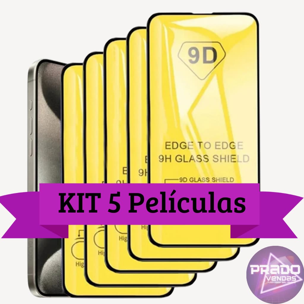 KIT 5 Películas de Vidro 3D/9D IPhone 14 13 12 11 XR 6 7 8 8plus 13 14 15 Pro Max 16 Pro Max