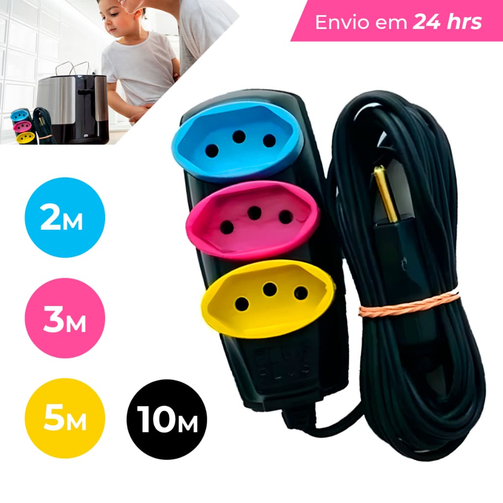 Extensão Elétrica 2/3/5/10 (METROS) Bivolt - Tomadas Tripolares Coloridas