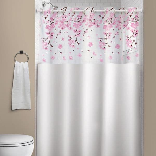 cortina para banheiro com visor estampado e transparente com ilhós Cerejeira
