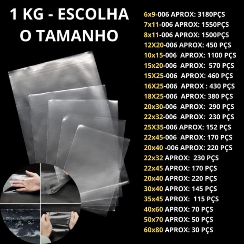 1 Kg Saco Plástico Transparente Brilhoso  PP Várias Medidas 006