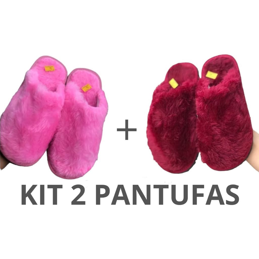 KIT 2 PANTUFAS DE PELÚCIA CONFORTÁVEL, CHINELO DE QUARTO, SOLADO ANTIDERRAPANTE, UNISSEX, VÁRIAS CORES, DO 34 AO 44