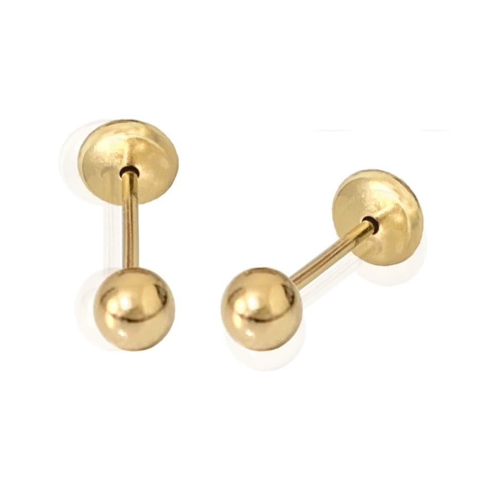 Brinco Infantil Segundo Furo mini Bolinha 3mm Tarraxa baby banhado a ouro 18k Antialérgico