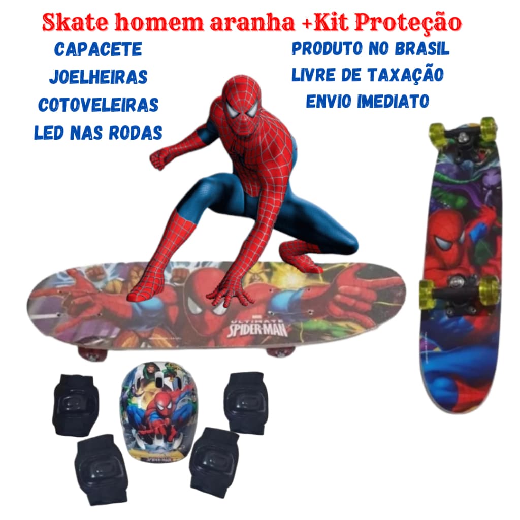 Skate Homem Aranha  + Kit proteção com Rodas de Gel Com Led + Surpresa +  Entrega todo Brasil