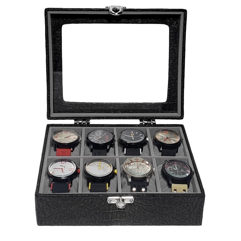 Caixa Estojo Para Guardar 8 Relógios Preto com Interno Aveludado Cinza