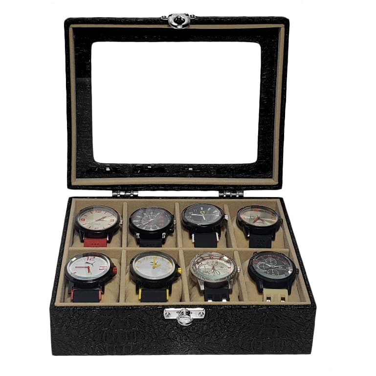 Caixa Estojo Para Guardar 8 Relógios Com Vidro Revestido Em Couro Sintético Ecológico