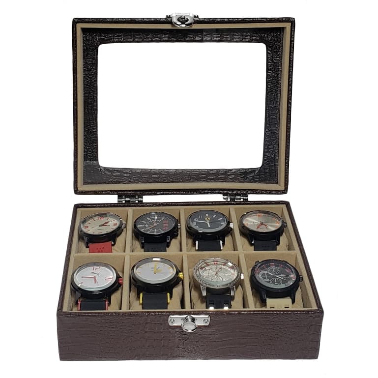 Estojo Maleta Para 8 Relógios Com Vidro cor Marrom Com Interno Aveludado Bege