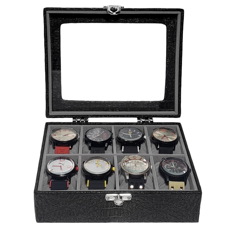 Estojo Para 8 Relógios Preto Com Interno Aveludado  Cinza