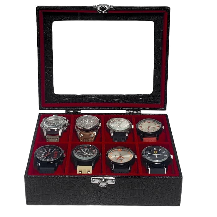 Estojo Para 8 Relógios Preto Com Interno Aveludado Vermelho