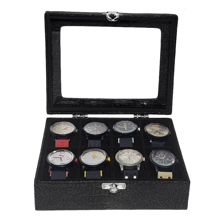 Caixa Maleta Estojo Para 8 Relógios Com Vidro Preto Com Interno Aveludado Preto