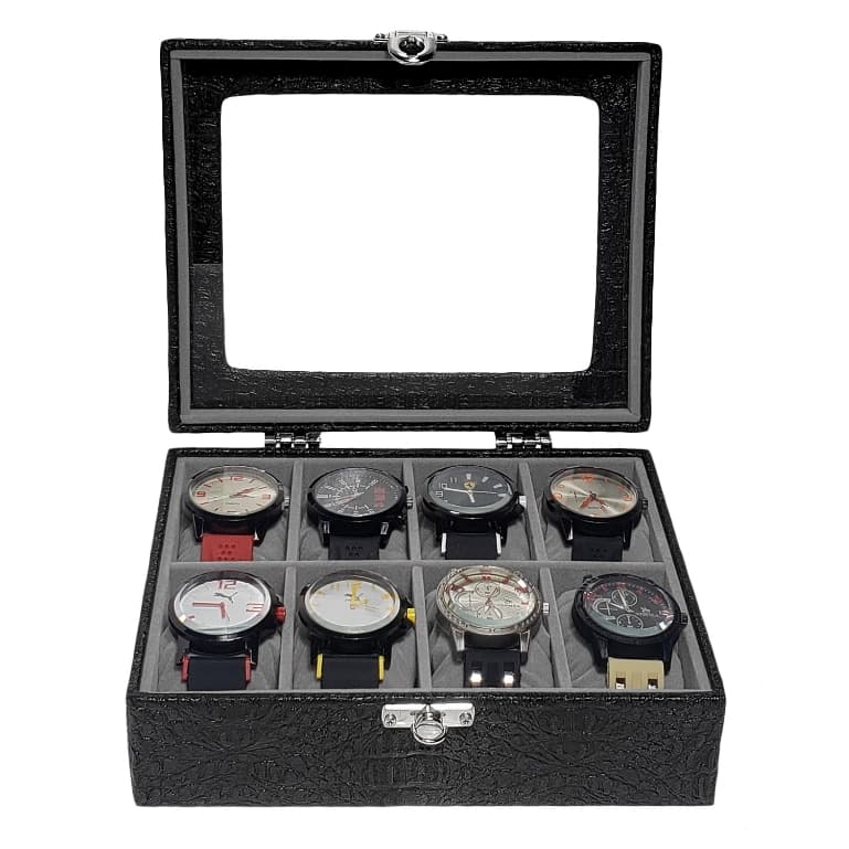 Caixa Maleta Estojo Para 8 Relógios Com Vidro Preto Com Interno Aveludado Cinza