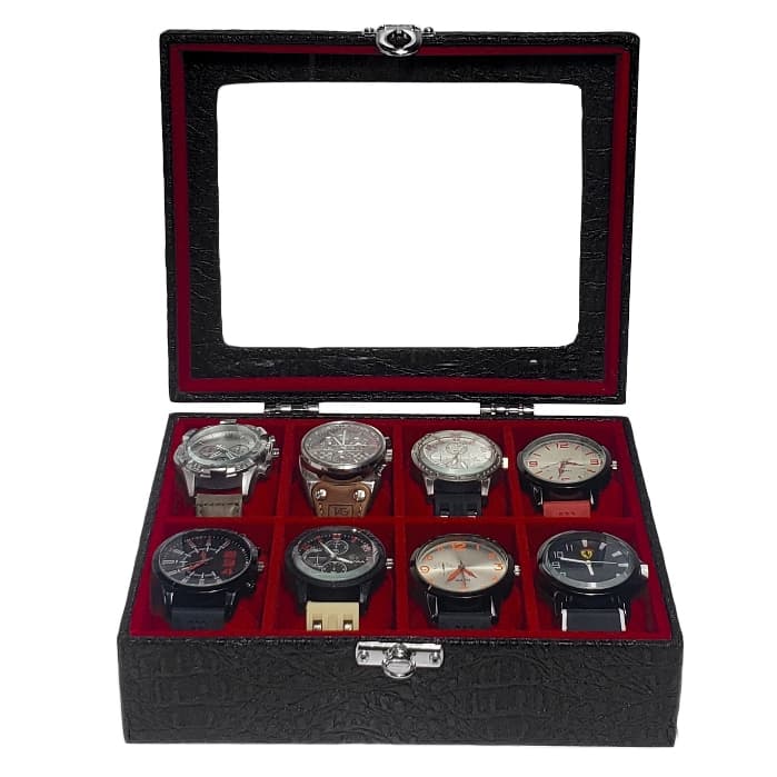 Caixa Maleta Estojo Para 8 Relógios Com Vidro Preto Com Interno Aveludado Vermelho