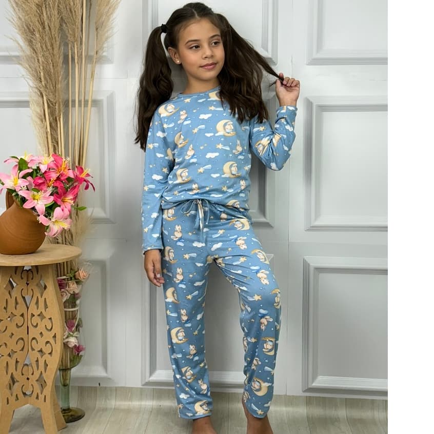 Pijama infantil juvenil longo de inverno com calça e blusa de manga comprida de suede