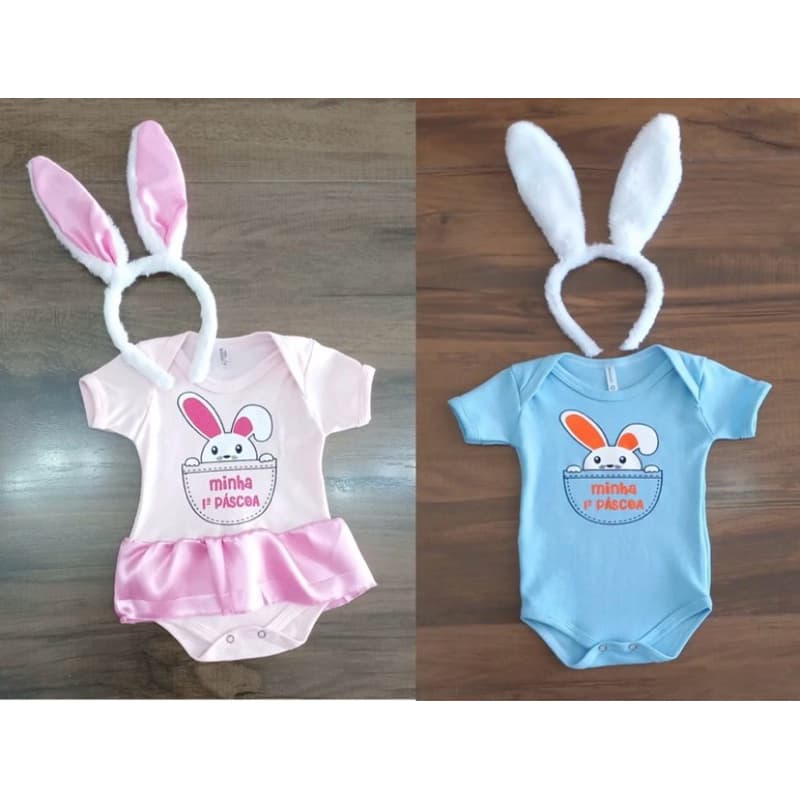 Body Bebê Páscoa Coelhinho + Tiara Mesversario Fantasia