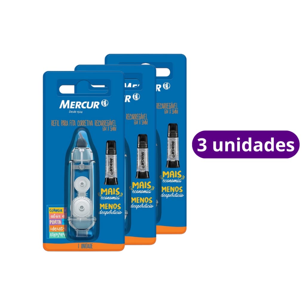 Refil Corretivo Em Fita Mercur Recarregável 5mmx6m 3 Unidades/Papelaria