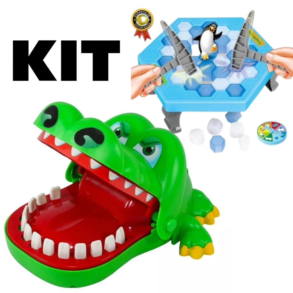 Kit 2 Brinquedos Jogo Jacaré Crocodilo Morde Dedo e Jogo do Pinguim Quebra Gelo
