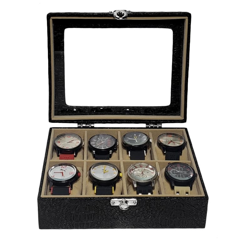 Caixa Maleta Estojo Para 8 Relógios Com Vidro Preto Com Interno Aveludado Bege
