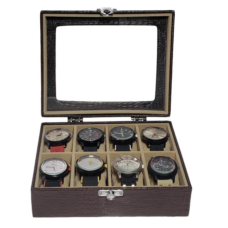 Caixa Maleta Estojo Para 8 Relógios Com Vidro Marrom Com Interno Aveludado Bege