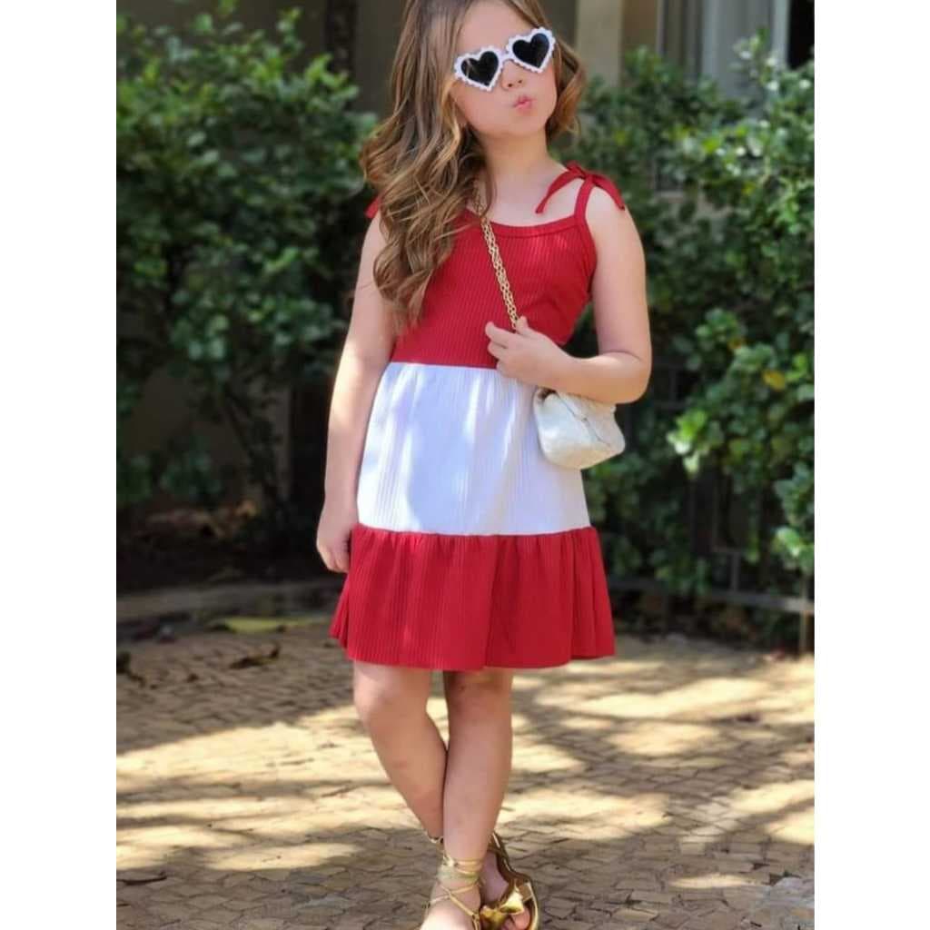 Vestido Infantil Verão  maria VERMELHO  e BRANCO moda blogueirinha