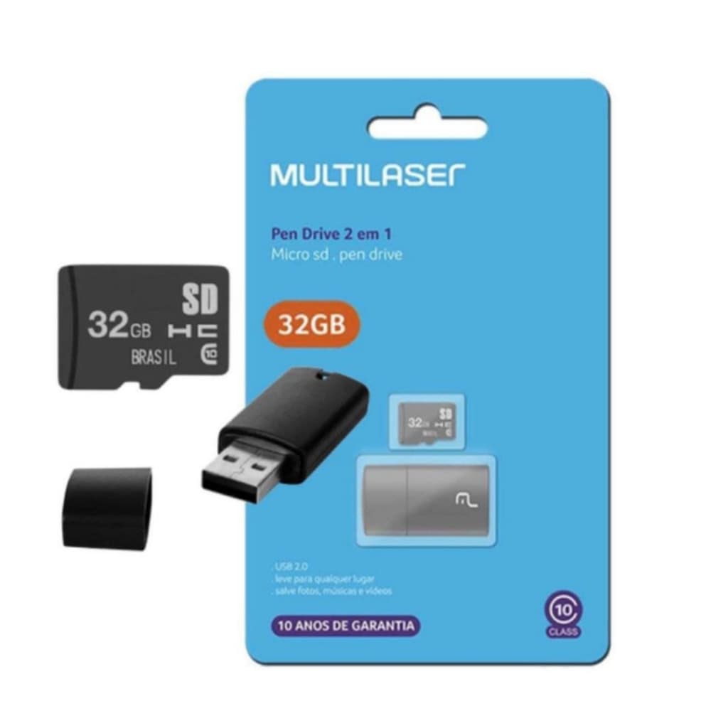 Cartão de Memória + Pen drive  32GB - 2 em 1 Leitor USB  -  Multilaser  MC163