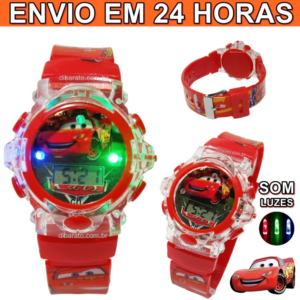 Relógio Mcqueen Carros musical Luzes Led 3d - Vermelho