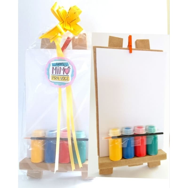 Mini kit de Pintura no Cavalete c/ Prancheta e 4 Cartões brancos para pintar, 4 tintas e 1 Mini pincel